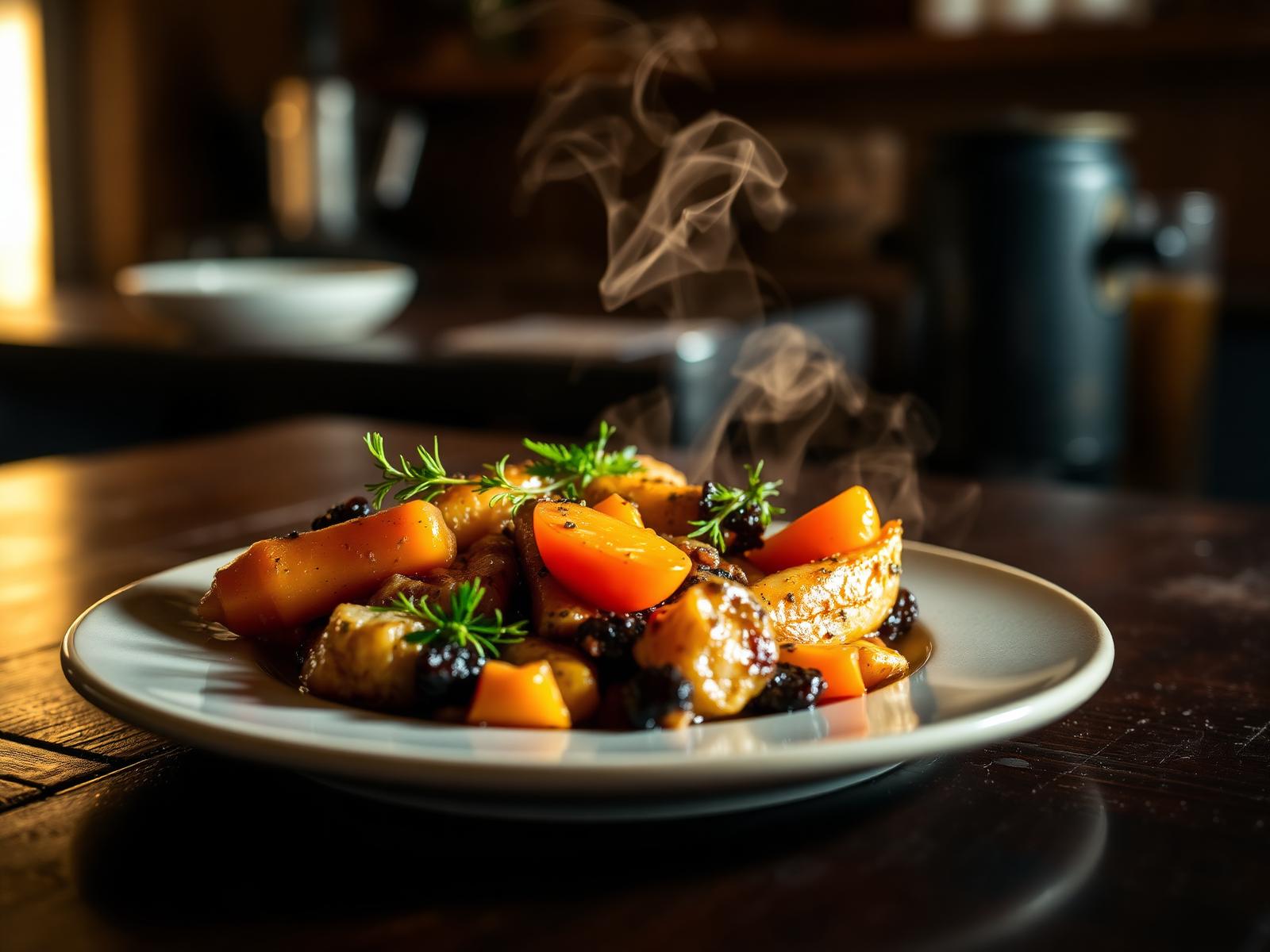 Chef-prepared plated meal with roasted vegetables and herbs